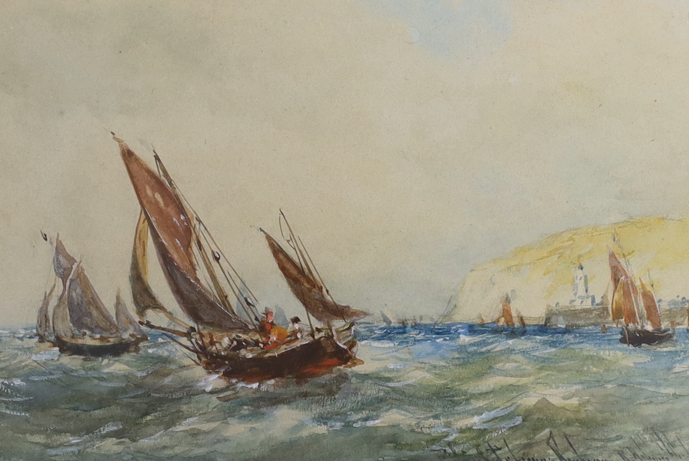 Robert Malcolm Lloyd (1859-1907), watercolour, ‘Fishing Fleet leaving Newhaven’, signed and inscribed, label verso, 12 x 17cm